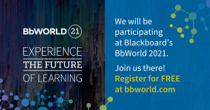 BbWorld21 conference sponsor graphic, with the text: BbWorld21. Experience the future of learning. We will be participating at Blackboard's BbWorld 2021. Join us there! Register for FREE at bbworld.com
