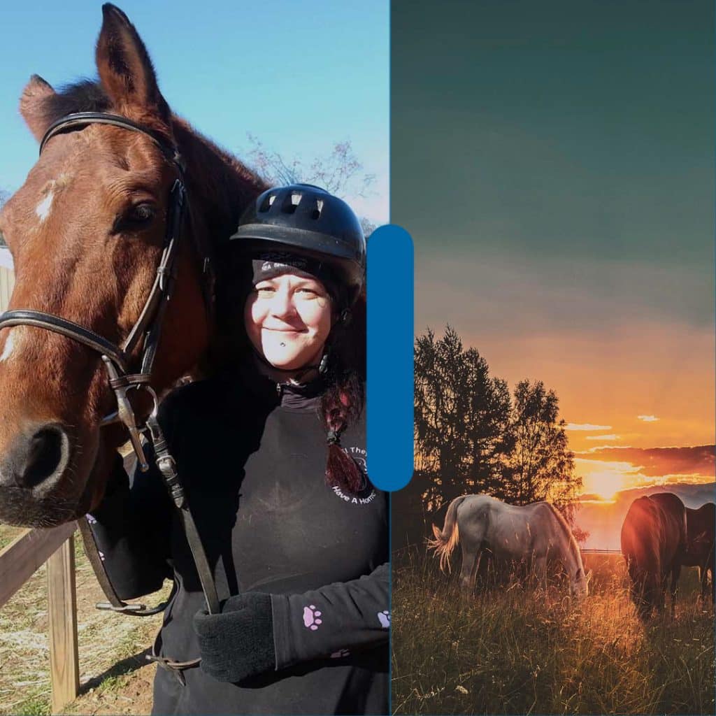 Collage picture of Sarah Lewis with a horse and another image of wild horses.