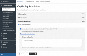 Image of the CaptionSync web portal on the New Captioning Submission Page, with the Audio Description Step to add open audio description opened on screen..