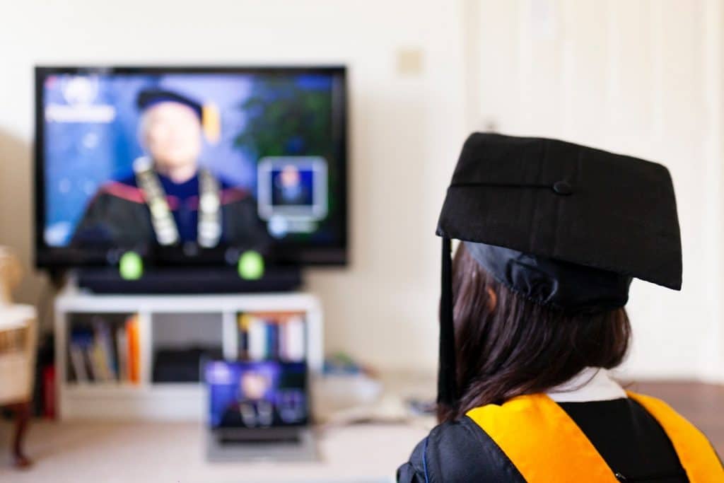 student attending her virtual graduation